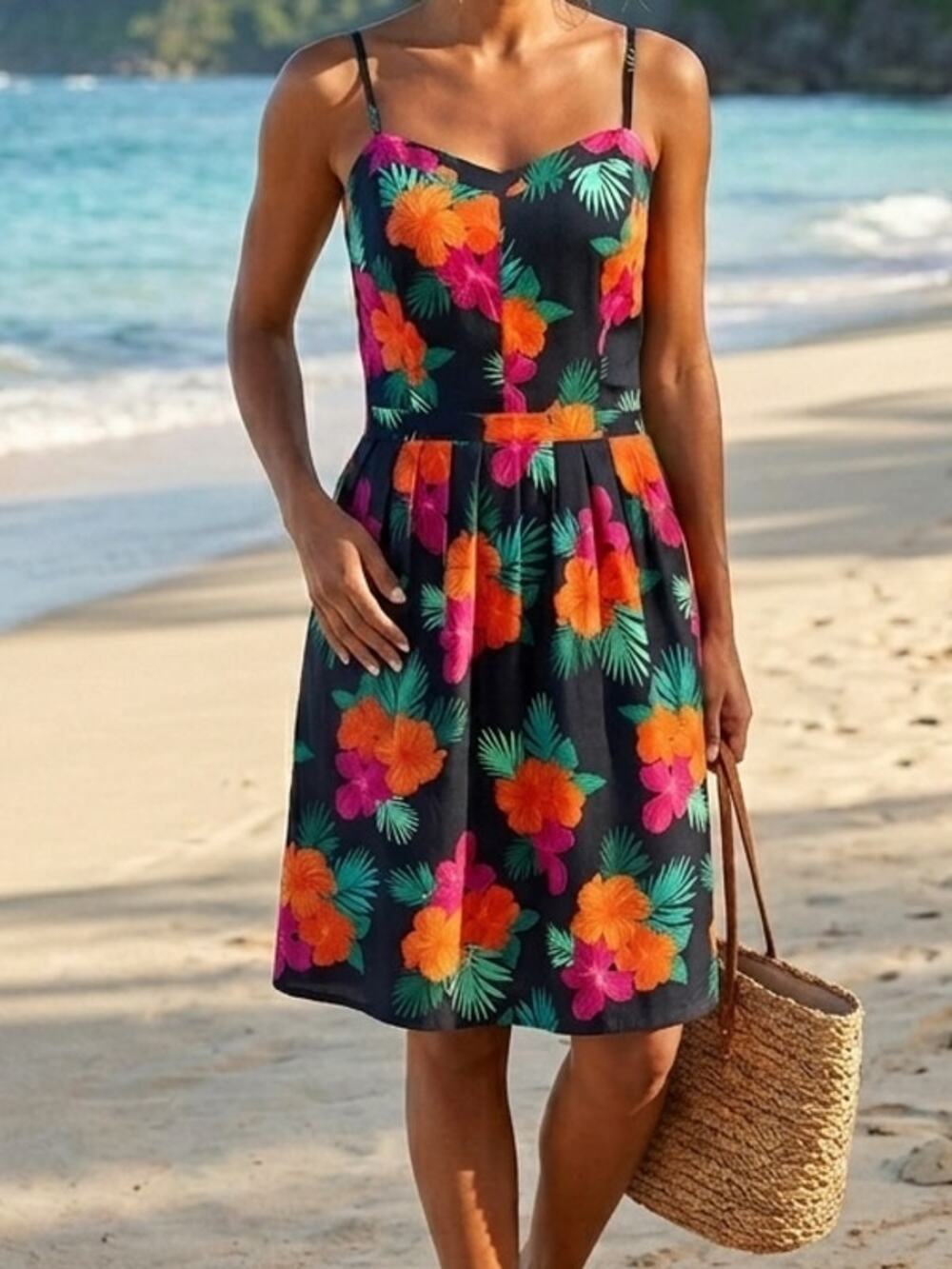 Gap Fit Flare Cami Dress Tropical Floral Tank Navy Size 12 Smocked Sundress Knee